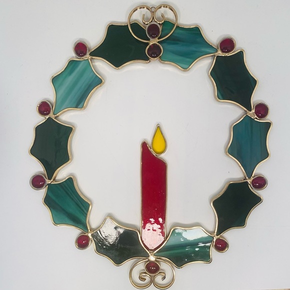 Vintage Christmas Holly Wreath Hand Pieced Stained Glass Sun Catcher Decoration - Picture 9 of 12